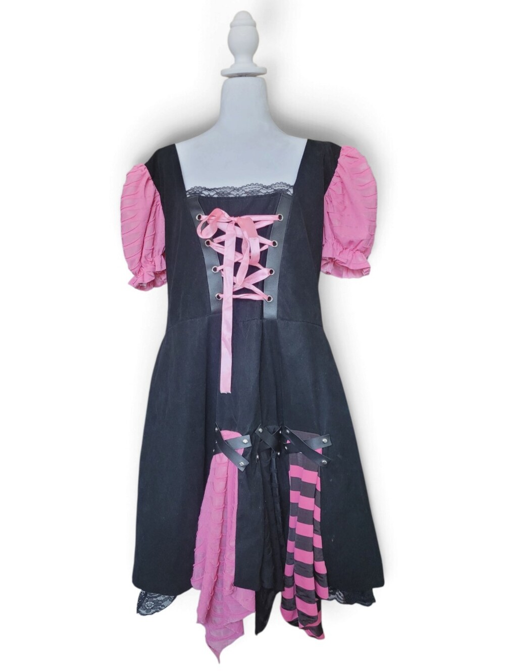 Black and Pink Lace-Up Gothic Puff Sleeve Dress Halloween Cosplay XL